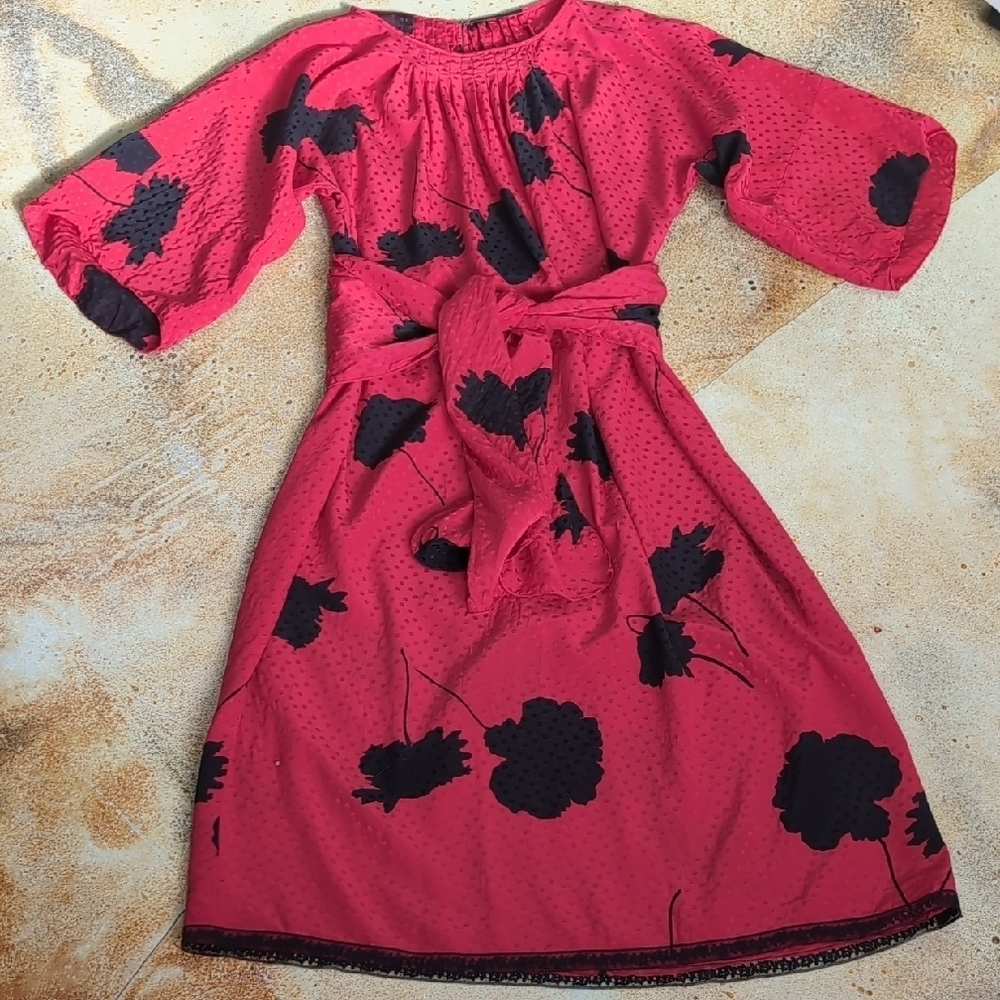 Richilene | 100% Silk Vintage Floral Red Loosefit Midi Dress with Wrap Size L